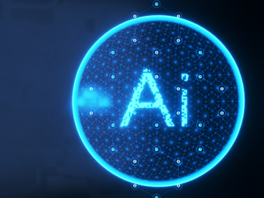The words AI inside a electric blue outlined circle with a dark blue background