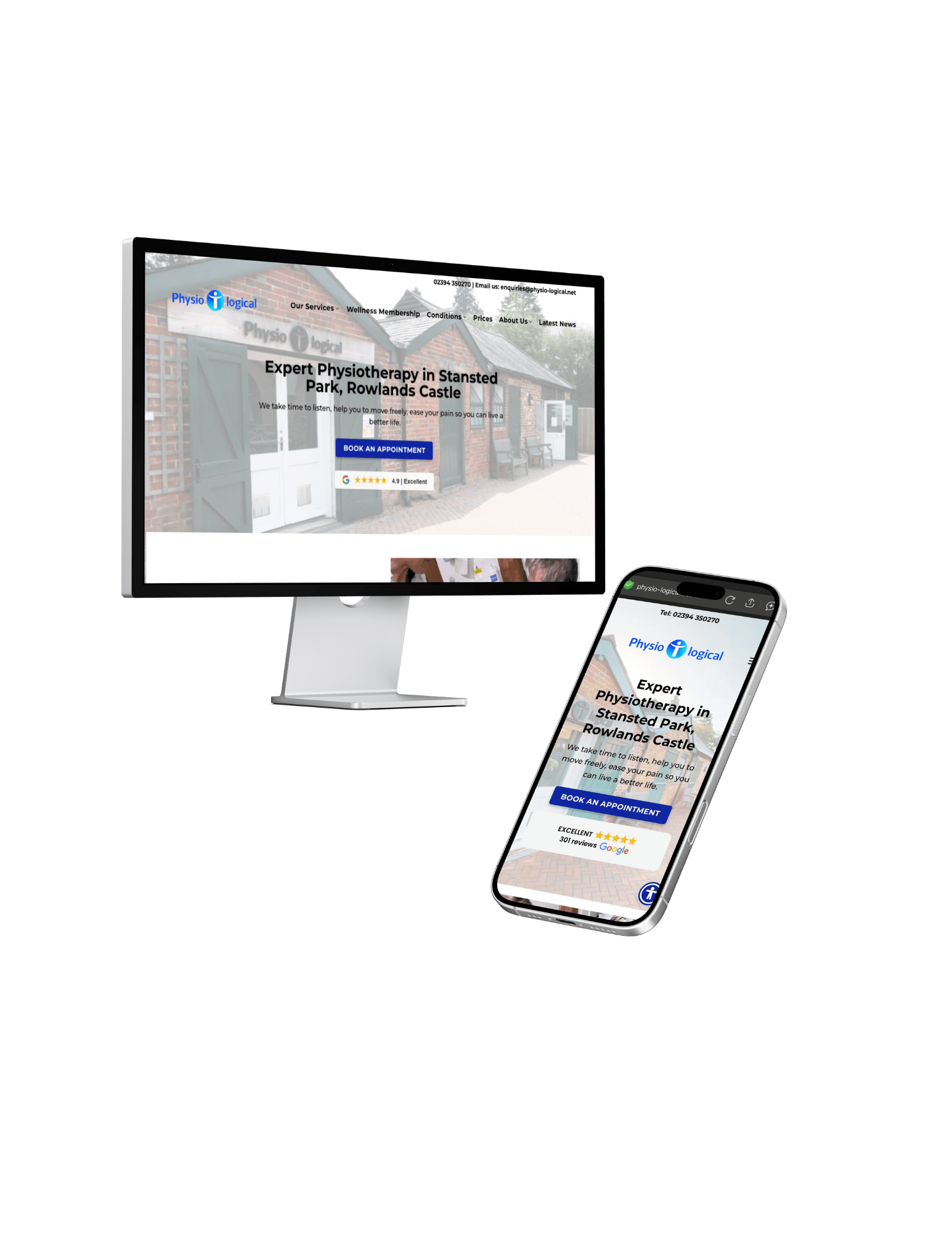 Physiotherapy website shown on desktop and mobile screens